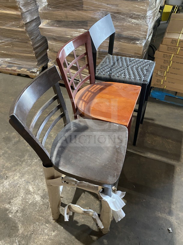 Brand new commercial premium bar height seating sample lot, featuring three distinct chairs. Visible tag shows "42 X 3".