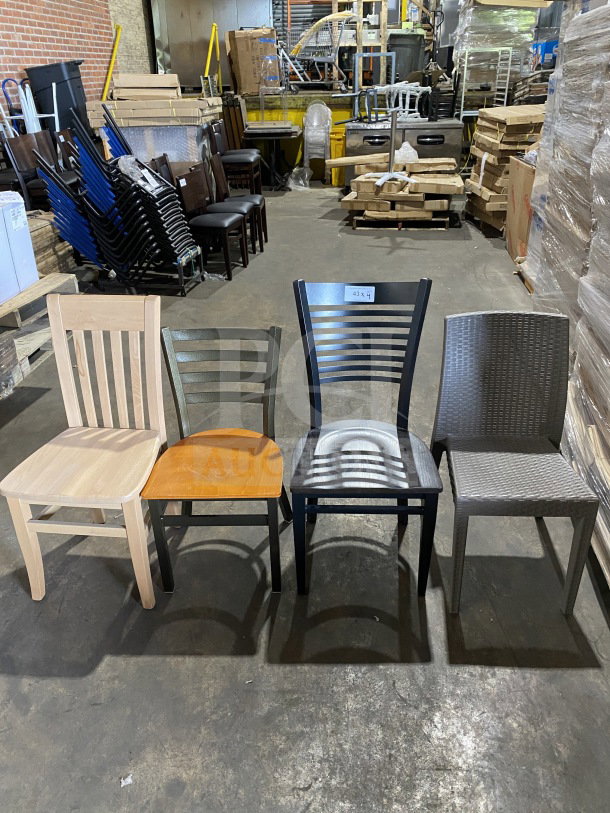 Brand new commercial bar height seating samples, set of four, varied designs and materials, mint condition, label marked "43x4."