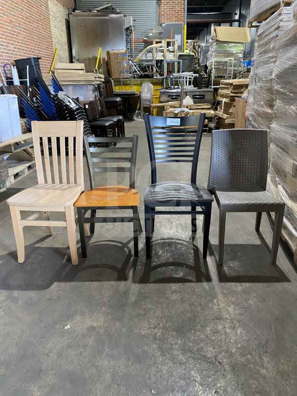 Four brand new commercial bar height chairs, each with different design and material, showcased in warehouse setting.
