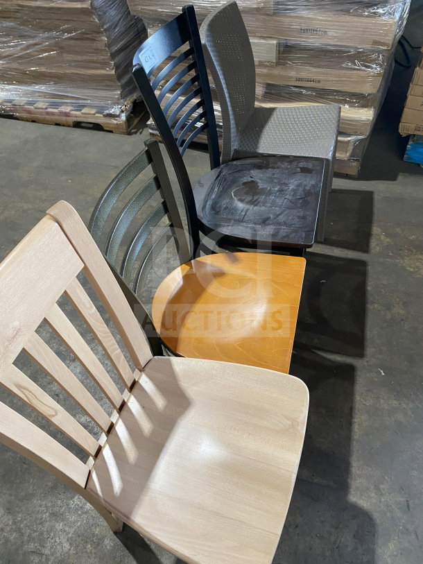 Brand new commercial bar height seating sample lot. Includes four diverse chairs with varying designs and materials.