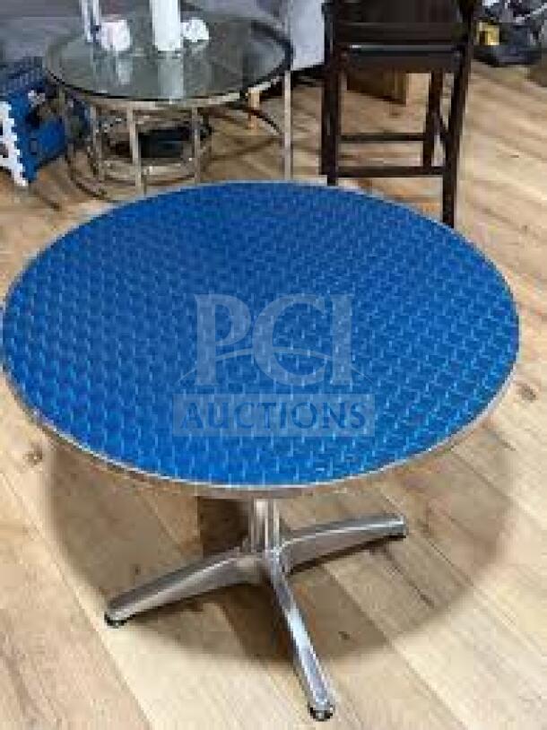 Brand new commercial stainless steel wrapped plate top table, model D36, with polished base, for cocktail/dining use.