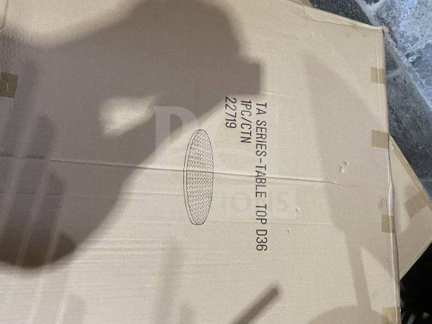 BRAND NEW commercial stainless steel table with polished base, model D36. Packaging box labeled "TA Series Table Top."