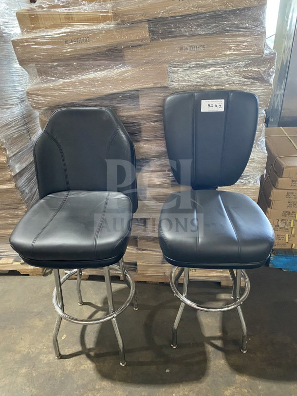 Brand new commercial chrome frame swivel bar stools with black vinyl bucket seats. Includes two stools; mint condition.
