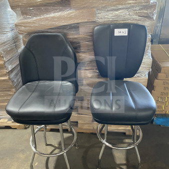Brand new commercial chrome frame swivel bar stools with black vinyl bucket seats. Includes two stools; mint condition.