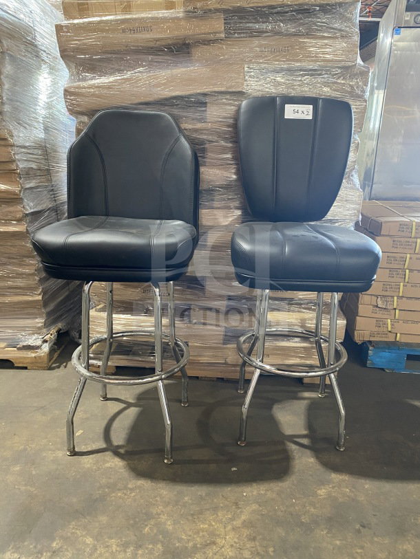 BRAND NEW Commercial chrome frame swivel bar stool with black vinyl bucket seat, featuring adjustable height and footrest.