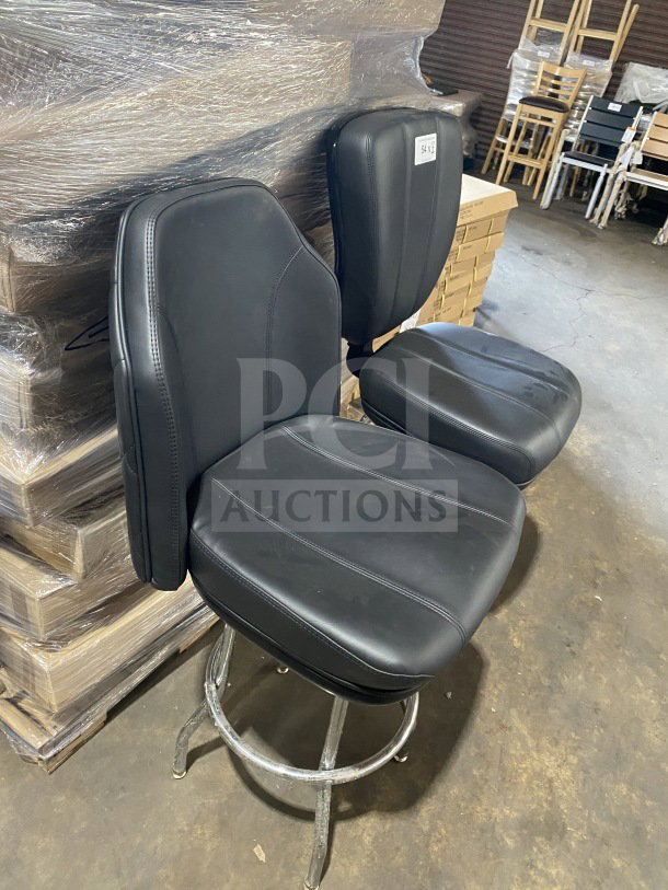 Brand new chrome frame swivel bar stool with black vinyl bucket seat, pristine condition; label showing item code.