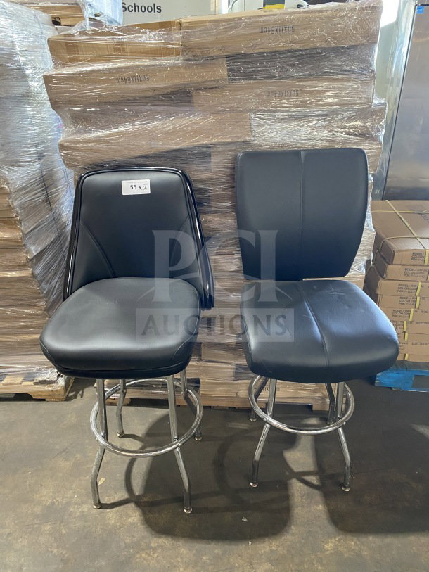 Brand new chrome swivel bar stools with black vinyl bucket seats, two available per bid. Item label reads "55 x 2."