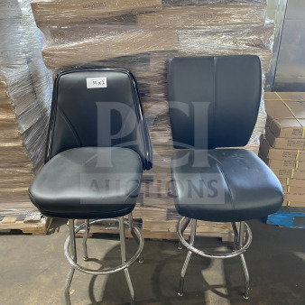 Brand new chrome swivel bar stools with black vinyl bucket seats, two available per bid. Item label reads "55 x 2."