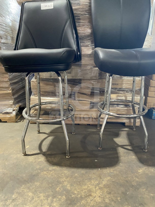 Brand new chrome frame swivel bar stools with black vinyl bucket seats. Durable, contemporary design, perfect for commercial use.