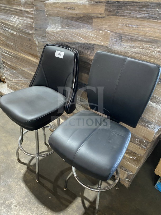 Brand new commercial chrome frame swivel bar stools with black vinyl bucket seats, high-quality and durable design.