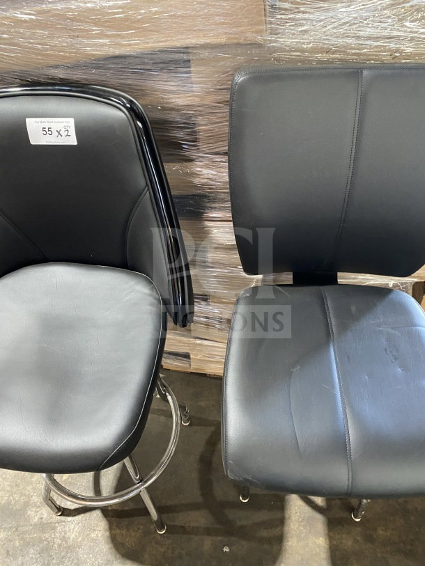 Brand new commercial chrome frame swivel bar stool with black vinyl bucket seat, featuring sleek design and sturdy build.