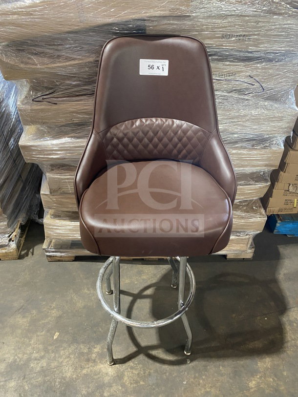 Brand new chrome frame swivel bar stool with brown vinyl bucket seat and diamond-quilted stitched backrest.