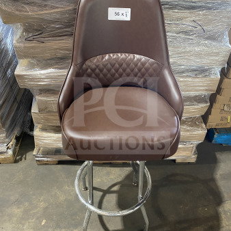 Brand new chrome frame swivel bar stool with brown vinyl bucket seat and diamond-quilted stitched backrest.