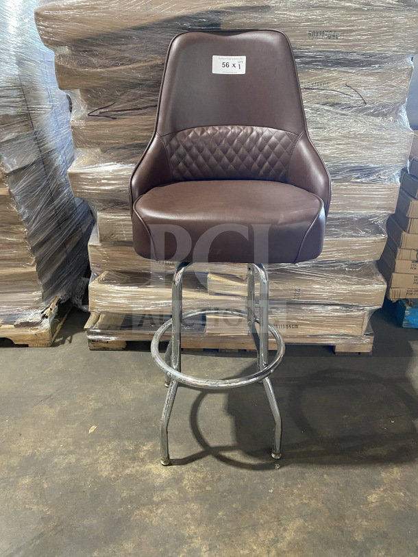 Brand new commercial bar stool with chrome frame, brown vinyl bucket seat, and diamond-quilted backrest.