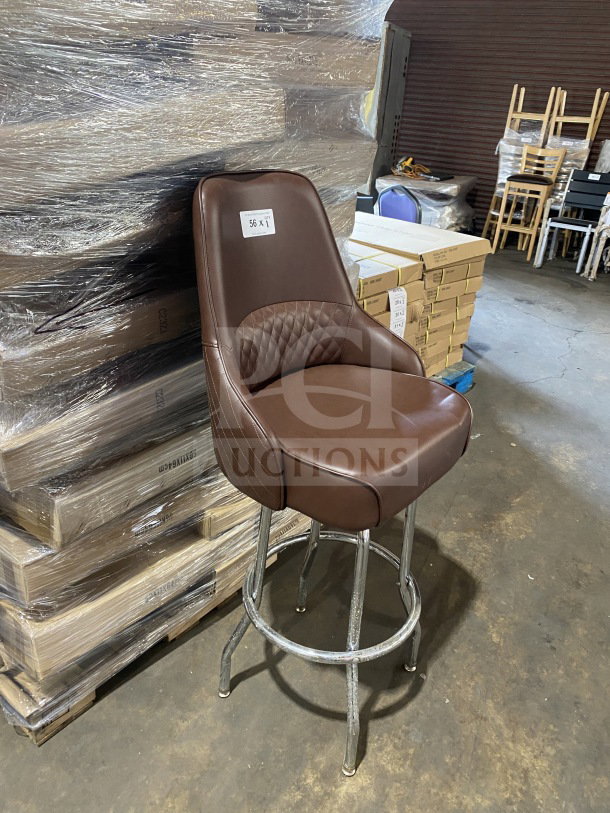 Brand new chrome swivel bar stool with brown vinyl bucket seat, diamond-quilted backrest, and commercial-grade build.