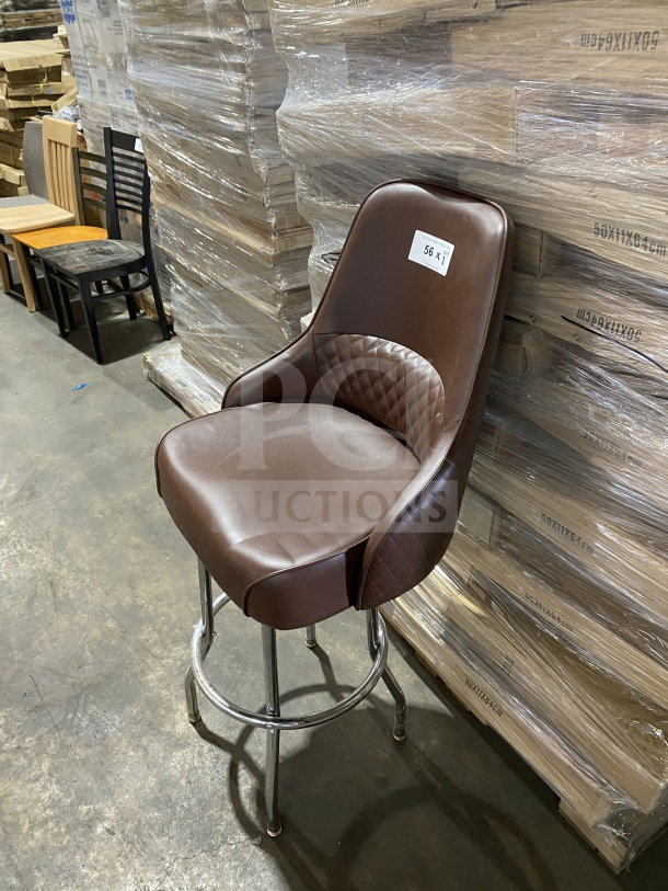 Brand new chrome frame swivel bar stool with brown vinyl bucket seat and diamond-quilted backrest accent.