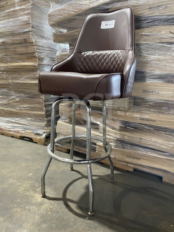 Brand new chrome swivel bar stool with a brown vinyl bucket seat, diamond-quilted backrest, and labeling visible.