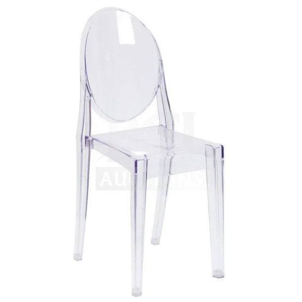 BRAND NEW transparent polycarbonate stackable side chair, oval back, suitable for indoor/outdoor use.