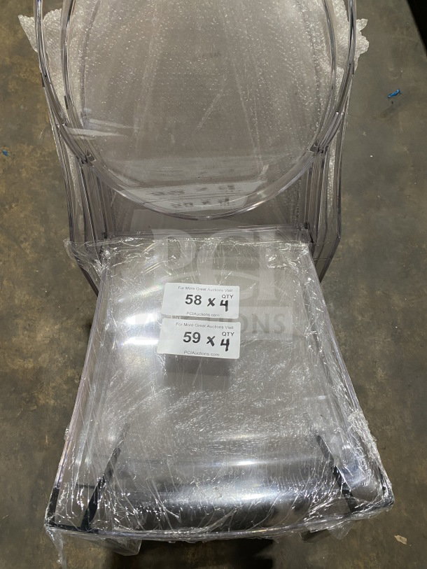 Brand new GA Commercial Ghost Side Chair, transparent polycarbonate, oval back, stackable, tags indicate auction details.
