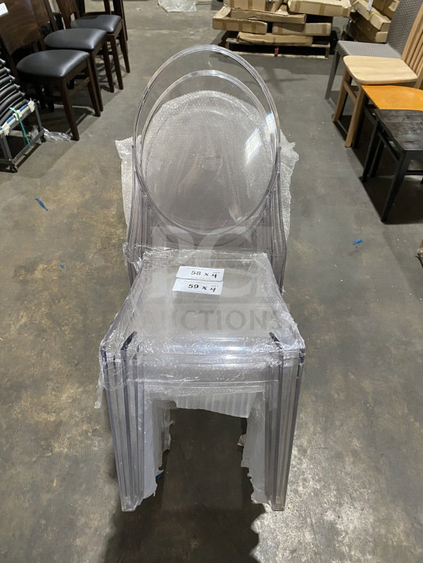 BRAND NEW GA Commercial Ghost Transparent Polycarbonate Stackable Side Chair with Oval Back, wrapped, 4X your bid.
