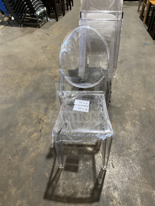 BRAND NEW GA Ghost Chair, transparent polycarbonate, oval back, stackable, indoor/outdoor use. Wrapped for protection.