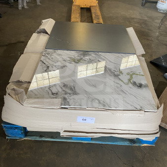 Brand new commercial restaurant and cafe marble-style table tops, on pallet, 60 quantity tag visible.