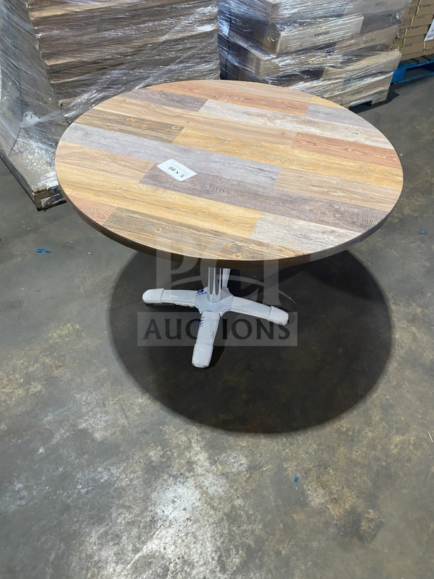 BRAND NEW OCS 42" round composite dining table with barn wood plank top and polished base, Model DW42.