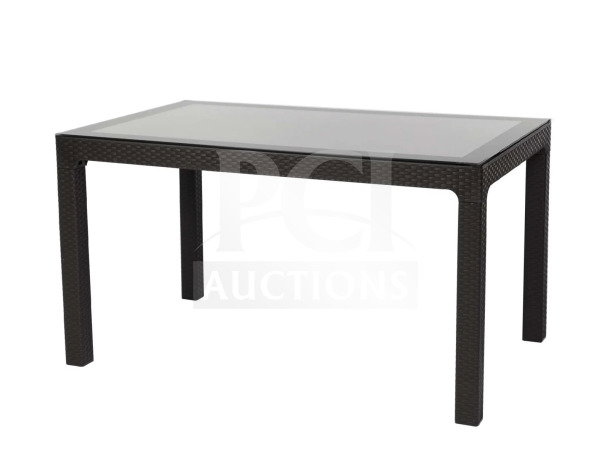 Brand new Rainbow Arizona Table, dark brown rattan, polypropylene, 80x140 cm; heavy-duty commercial use, durable design.