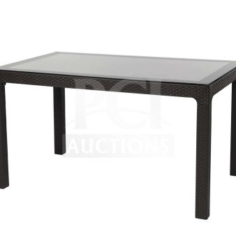 Brand new Rainbow Arizona Table, dark brown rattan, polypropylene, 80x140 cm; heavy-duty commercial use, durable design.