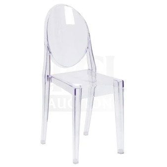 BRAND NEW GA Ghost transparent polycarbonate stackable side chair with oval back, suitable for indoor/outdoor use.