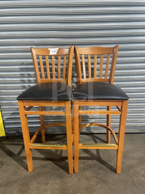 NEW commercial wood bar height stools, vertical slat-back, black vinyl seats, excellent condition, bid x2, tag marked 1x2.