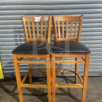 NEW commercial wood bar height stools, vertical slat-back, black vinyl seats, excellent condition, bid x2, tag marked 1x2.