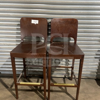 New modern style wooden bar height stools, set of two. Features dark wood finish, commercial quality, "2X" label on back.