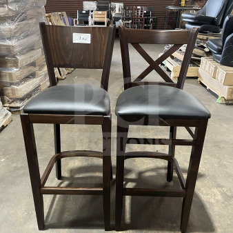 Brand new mahogany finish wood bar stools with cushion back, black vinyl seats, various styles, ideal for commercial use.