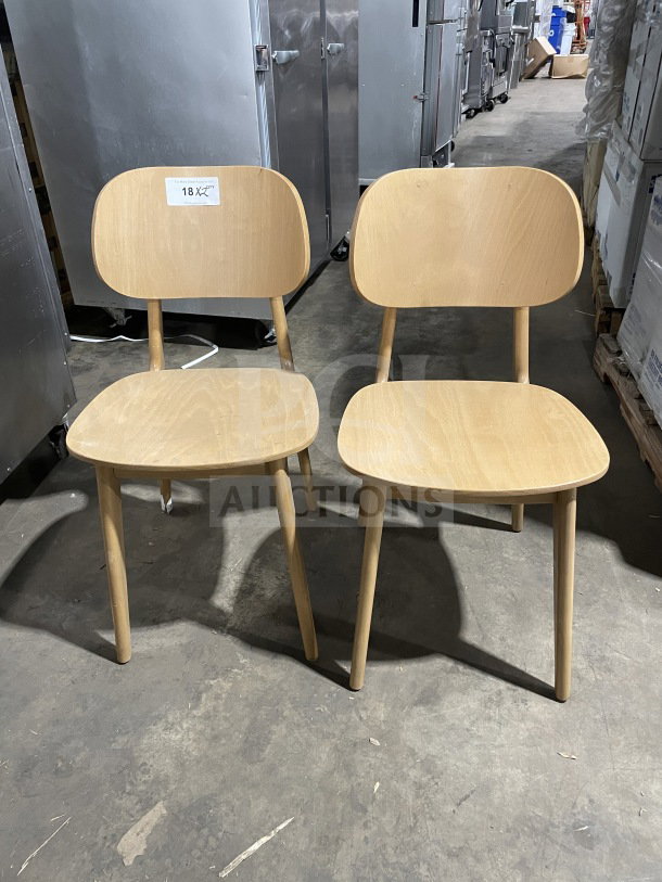 NEW Commercial Emma Side Dining Chairs, natural wood finish, upholstered seat, indoor use, excellent condition, 2 available.