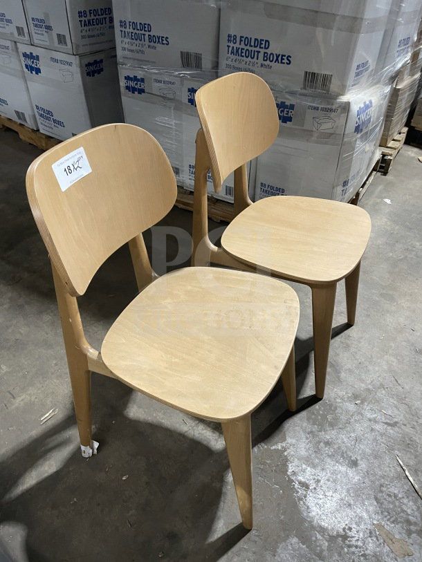 Commercial natural finish wood Emma side dining height chairs with upholstered seats, showcased in excellent condition.