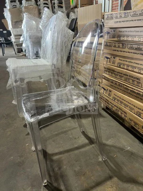 BRAND NEW GA commercial ghost chair, transparent polycarbonate, oval back, stackable, suitable for indoor/outdoor use.