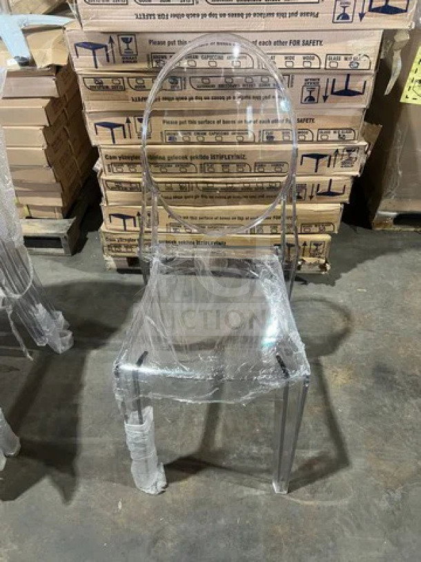 BRAND NEW GA Commercial Ghost transparent polycarbonate side chair, oval back, stackable, wrapped in plastic, indoor/outdoor use.