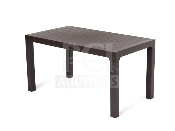 Brand new Rainbow Arizona faux wood outdoor table, 32"x56", rattan textured finish, polypropylene, perfect condition.