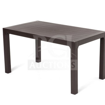 Brand new Rainbow Arizona faux wood slatted 32"x56" outdoor dining table. Polypropylene, rattan texture, rectangular shape.