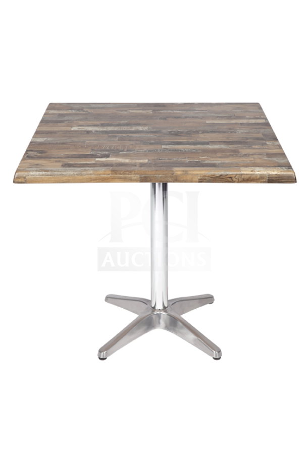 BRAND NEW OCS Barn Wood Plank 24x24 Dining Table, polished metal base, rustic top, modern design, high-quality construction.