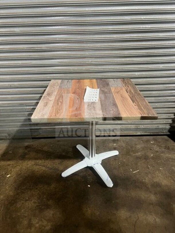 BRAND NEW OCS 24x24 barn wood plank dining table with polished metal base, pristine condition.
