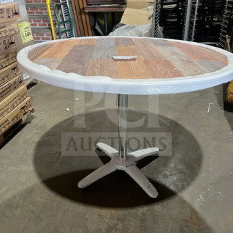 BRAND NEW OCS 24" round composite dining table with barn wood plank top and polished metal base.