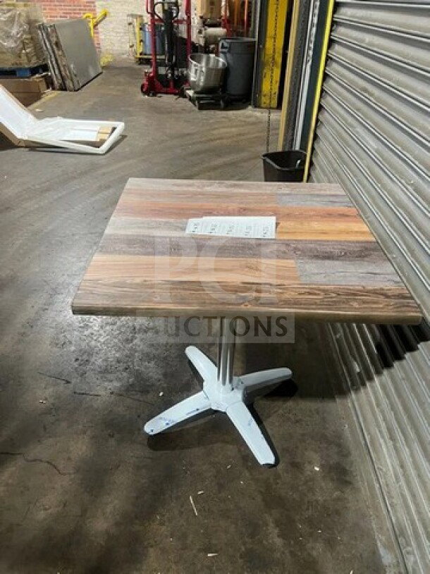 BRAND NEW OCS Barn Plank 30x48" bar height table, polished base, wood plank design, in original box, ready for assembly.