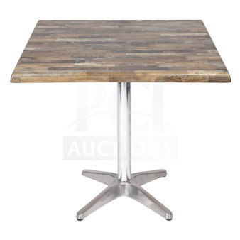 BRAND NEW OCS Barn Plank 30x48" Bar Height Table with polished base, featuring rustic wooden top and metal pedestal.