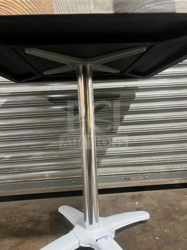 BRAND NEW OCS Barn Plank 30x48" bar height table with polished base, pristine condition, ready for assembly.