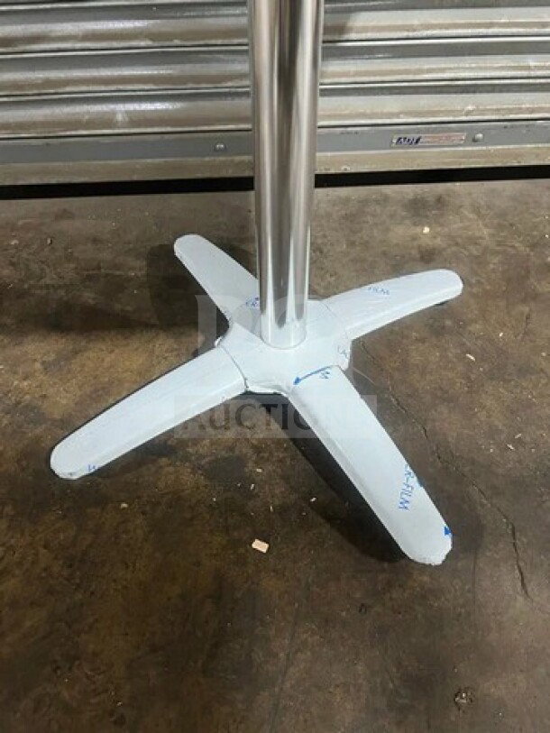 OCS Barn Plank 30x48" bar height table with polished base, brand new in box. Four-pronged metal base.