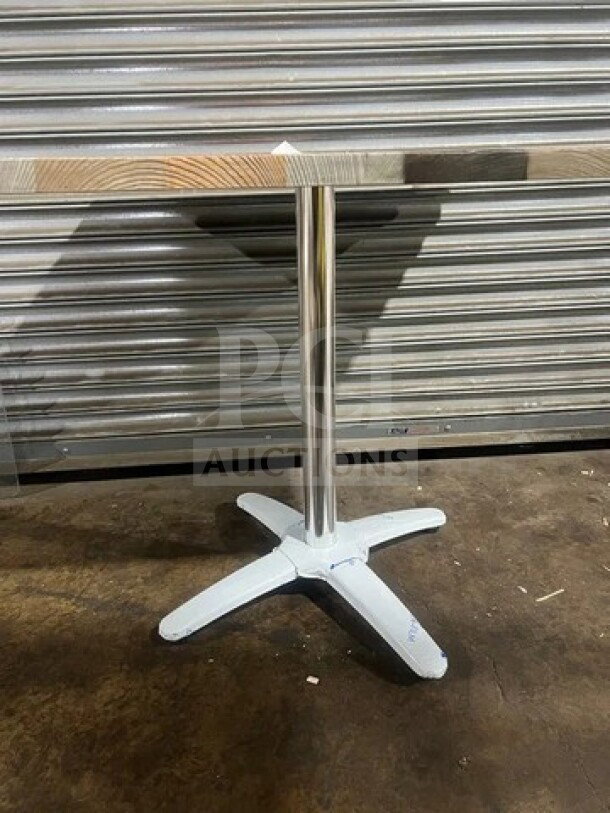 BRAND NEW OCS barn plank bar height table, 30x48", polished metal base, excellent condition, in box.
