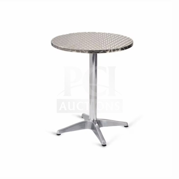 Brand new commercial stainless steel bar height table with polished base, model D36, in excellent condition.