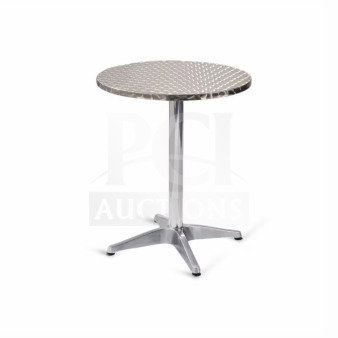 Brand new commercial bar height table, model D36, with stainless steel wrapped plate top and polished base.